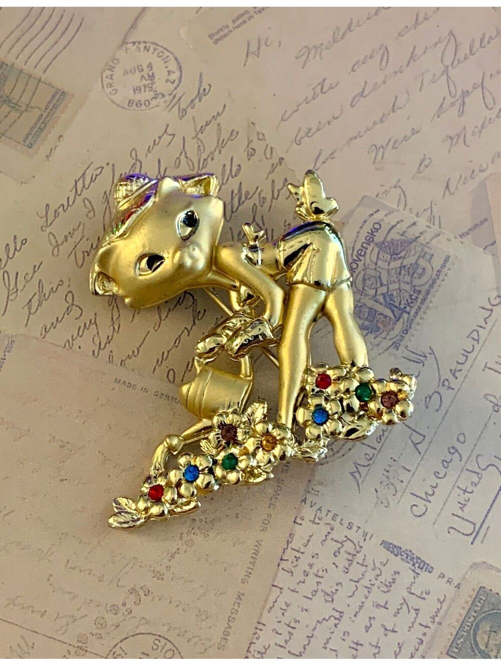 Adorable Vintage Signed Chic Cat Brooch Danecraft Gardener Kitty Cat Rhinestone